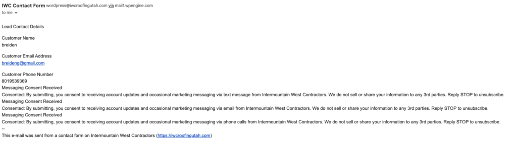 Screenshot of an IW Contact Form submission showing customer name Braden, email braden@gmail.com, and phone number 8059870986, serving as a consent example with messaging consent received.